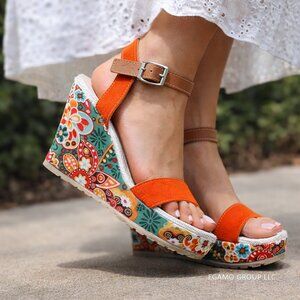 Women’s Floral Wedge Sandals Orange Ankle Strap Platform Summer Shoes
